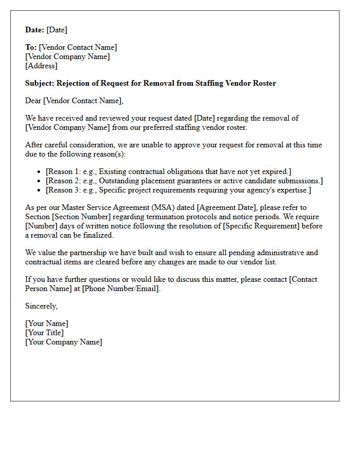 Staffing Vendor Roster Removal Rejection Letter