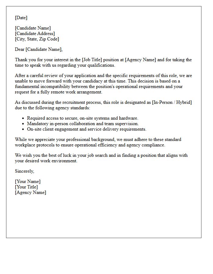 Agency Standard Remote Work Incompatibility Rejection Letter