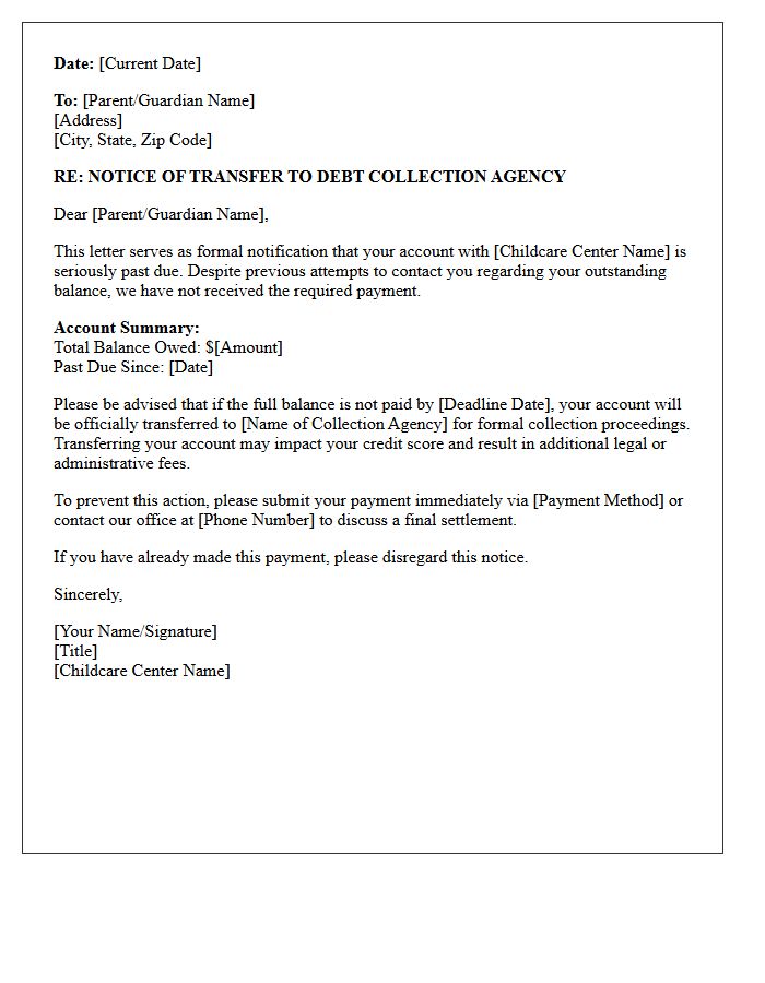 Childcare Tuition Debt Collection Agency Transfer Letter