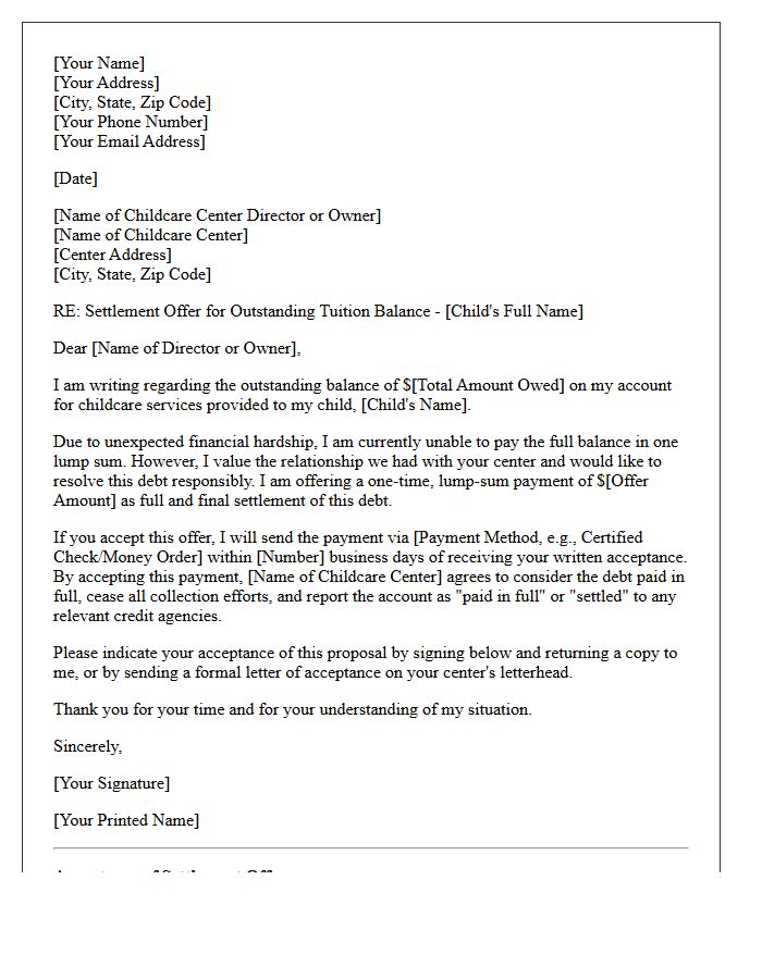 Childcare Tuition Debt Settlement Offer Letter