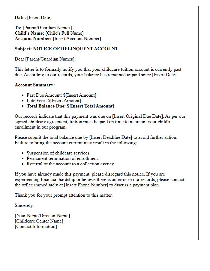 Childcare Tuition Delinquent Account Warning Letter