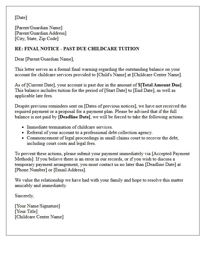 Childcare Tuition Legal Action Warning Letter