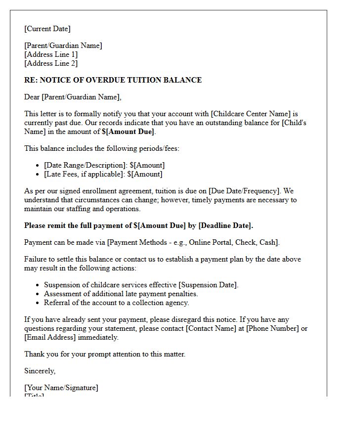 Childcare Tuition Overdue Balance Demand Letter