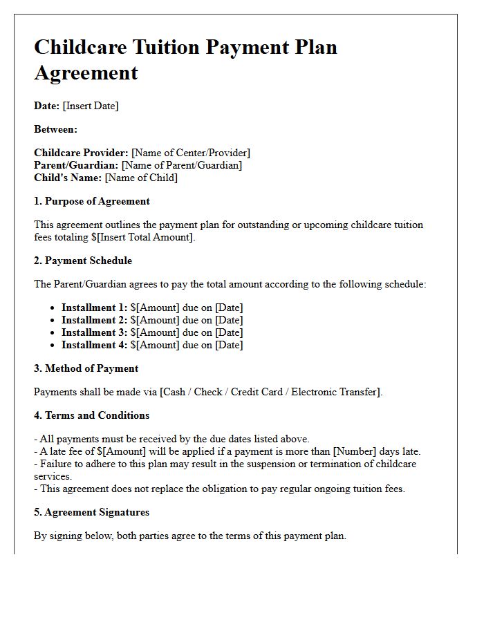 Childcare Tuition Payment Plan Agreement Letter