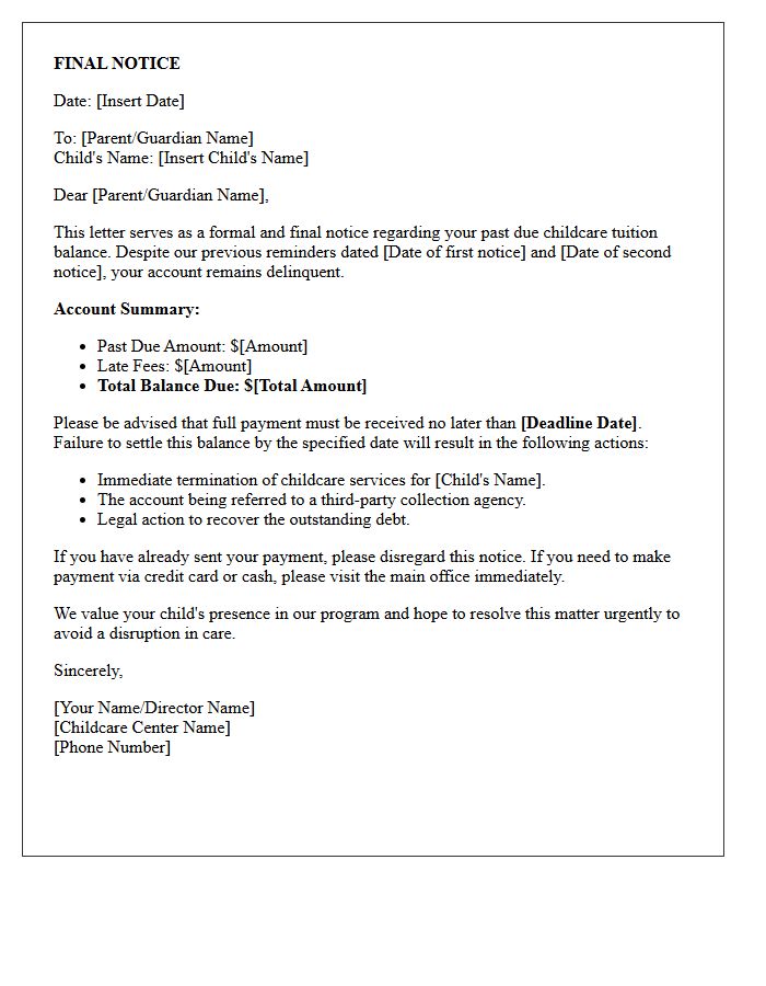 Final Notice Childcare Tuition Past Due Letter