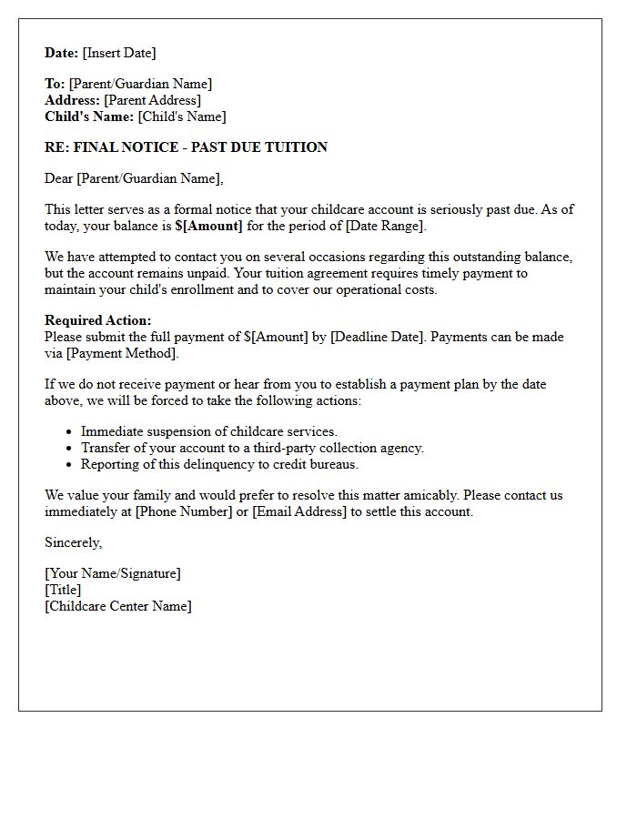 Pre-Collection Childcare Tuition Past Due Letter
