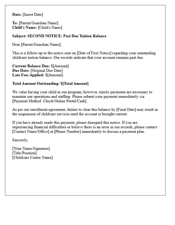 Second Notice Childcare Tuition Past Due Letter