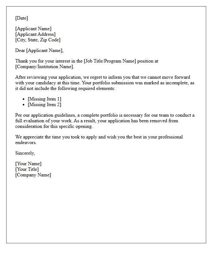 Incomplete Work Portfolio Submission Rejection Letter