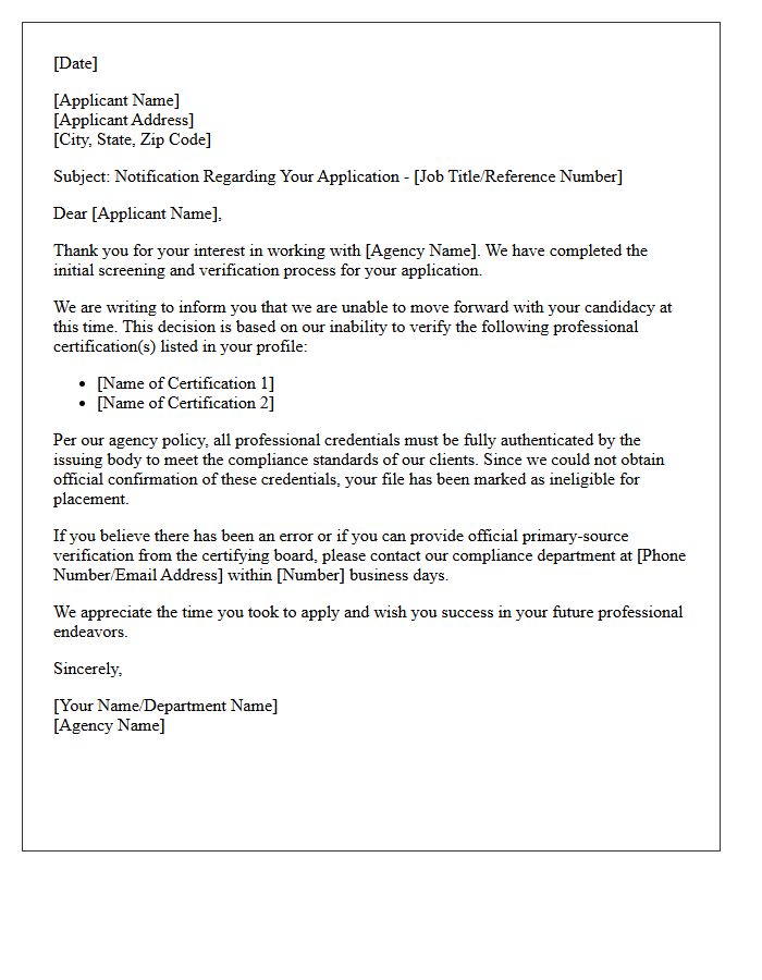 Agency Rejection Letter for Unverified Professional Certifications