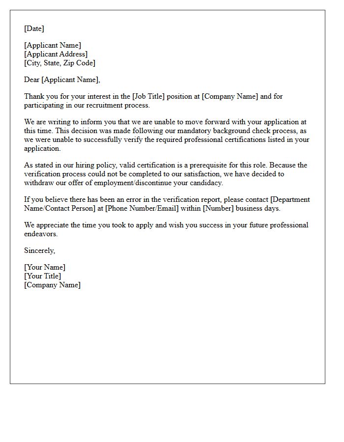 Applicant Rejection Letter Due to Certification Verification Failure