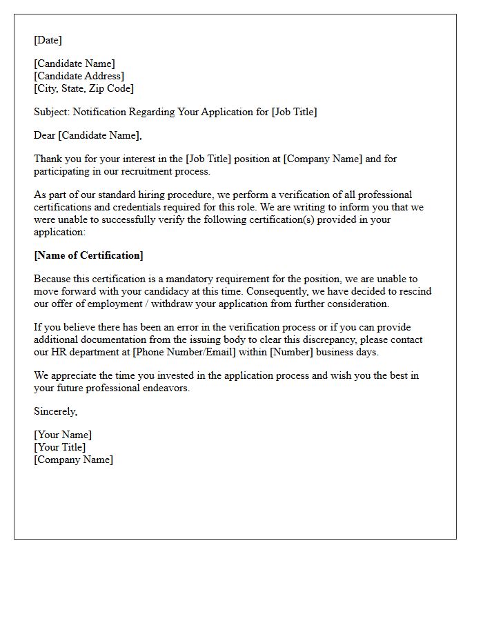 Certification Verification Failure Rejection Letter