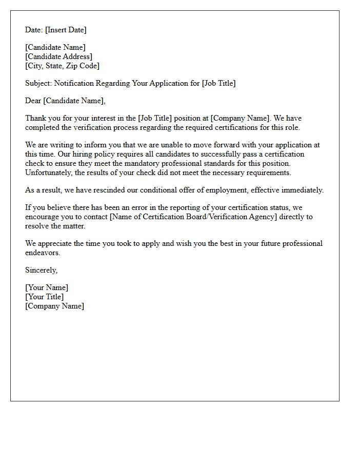 Failed Certification Check Employment Rejection Letter