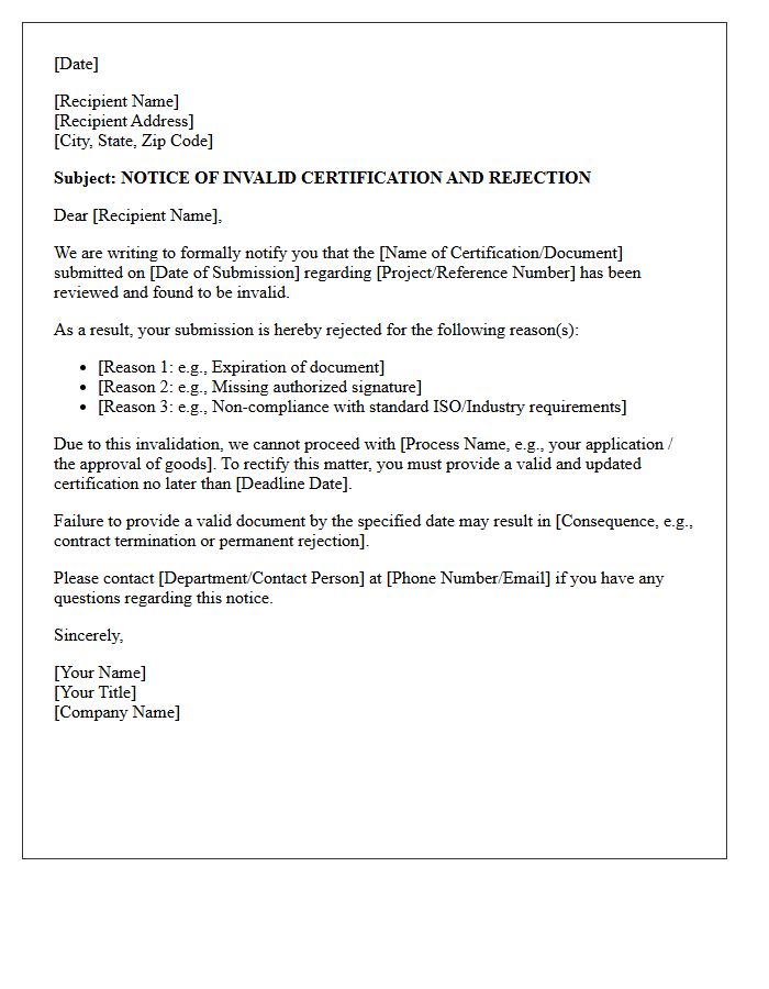 Invalid Certification Notice and Rejection Letter
