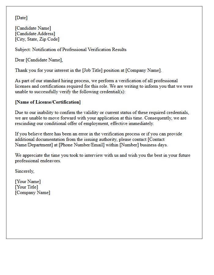 License and Certification Verification Failure Rejection Letter