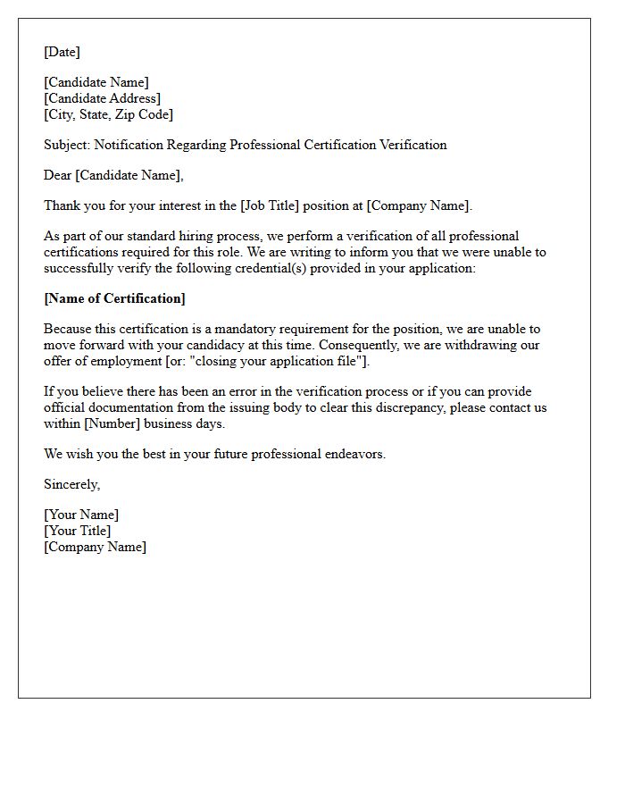 Professional Certification Verification Failure Rejection Letter