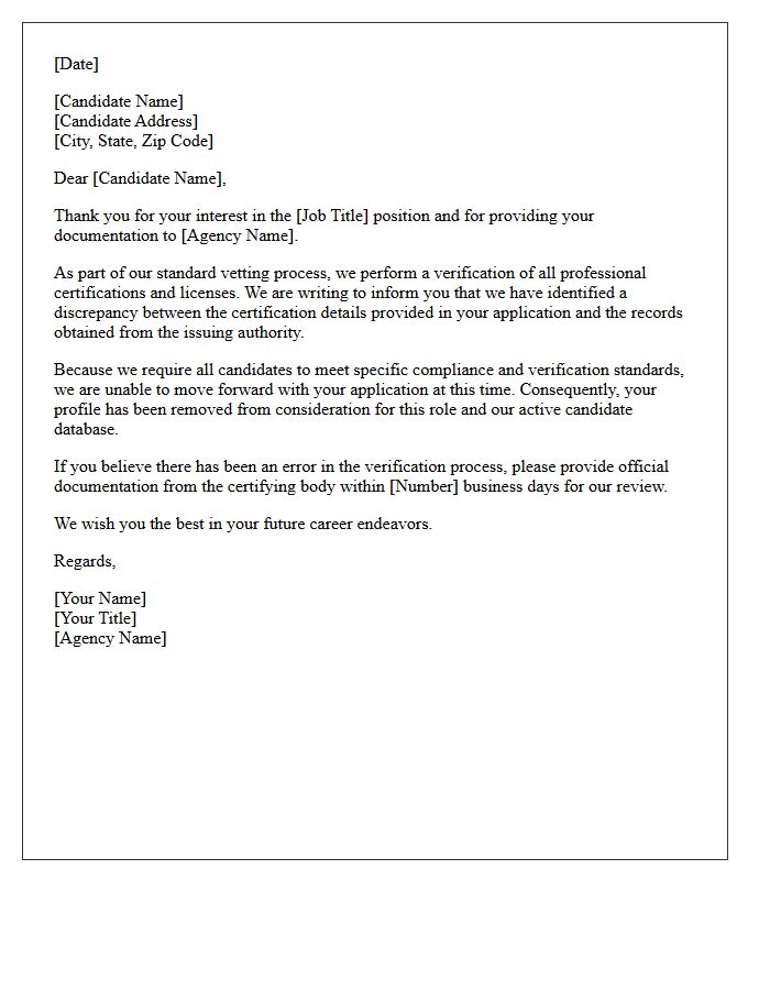 Recruitment Agency Certification Discrepancy Rejection Letter
