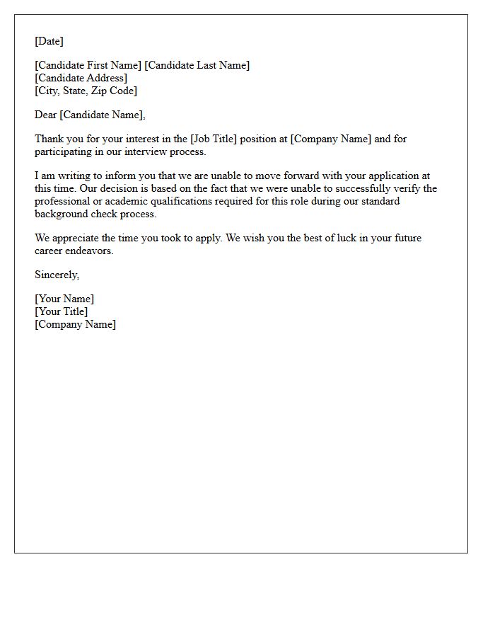 Unable to Verify Qualifications Candidate Rejection Letter