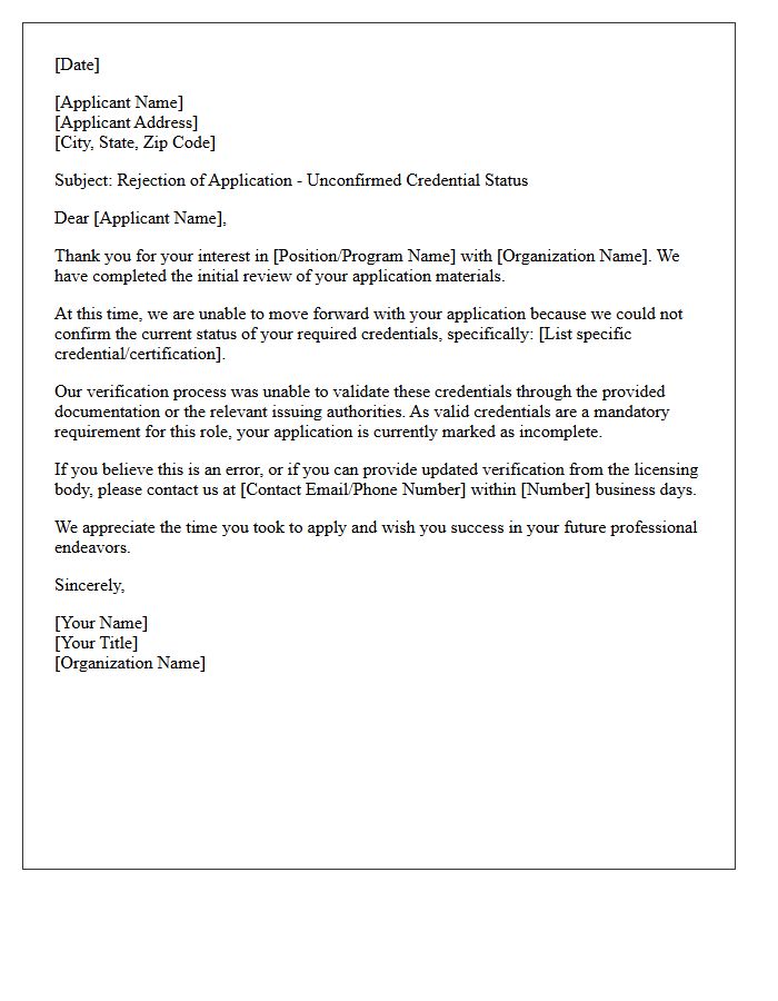 Unconfirmed Credential Status Application Rejection Letter