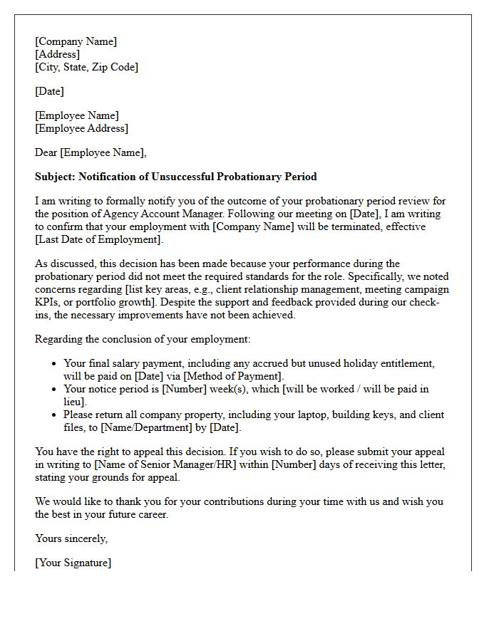 Agency Account Manager Probationary Period Unsuccessful Rejection Letter