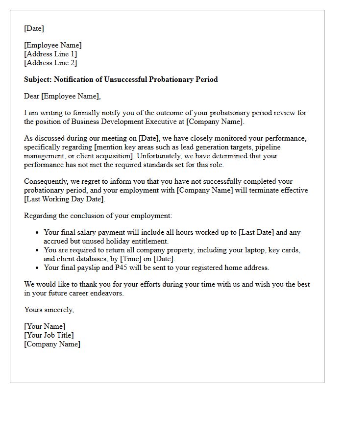 Business Development Executive Probationary Period Unsuccessful Rejection Letter
