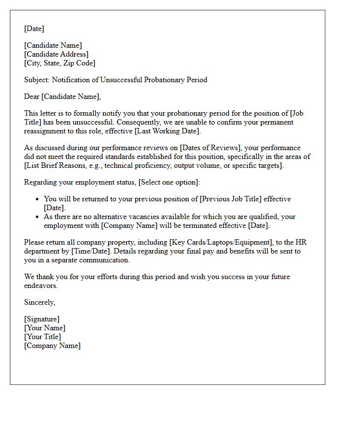 Candidate Reassignment Probationary Period Unsuccessful Rejection Letter