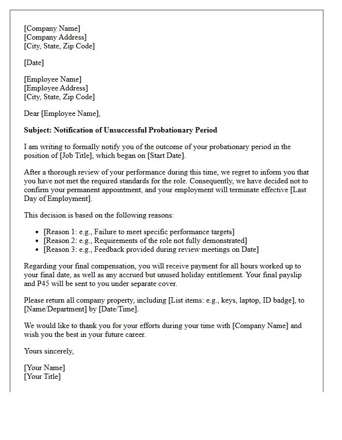 Client Notification Probationary Period Unsuccessful Rejection Letter