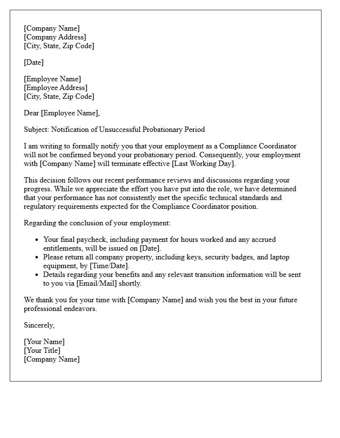 Compliance Coordinator Probationary Period Unsuccessful Rejection Letter