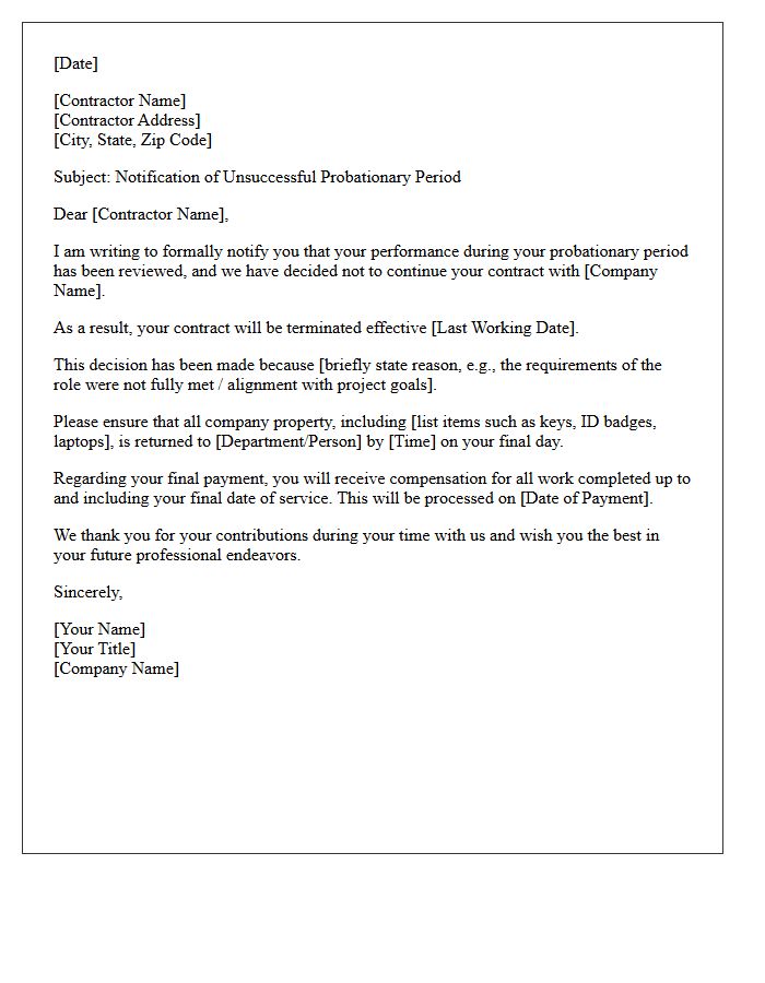 Contract Worker Probationary Period Unsuccessful Rejection Letter