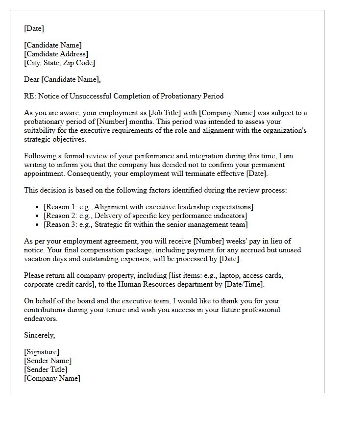 Executive Search Placement Probationary Period Unsuccessful Rejection Letter