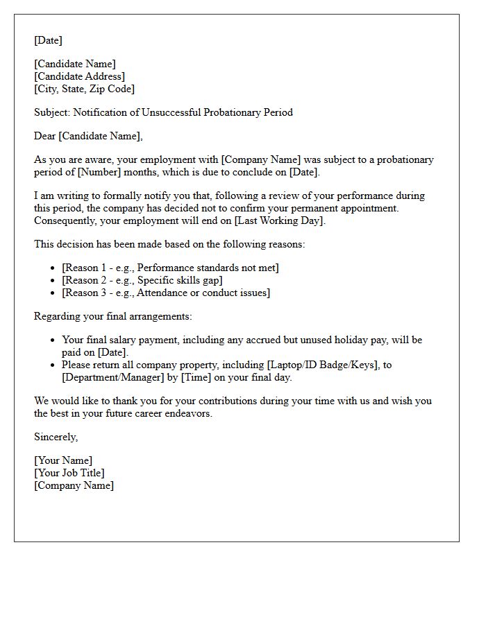 Placed Candidate Probationary Period Unsuccessful Rejection Letter
