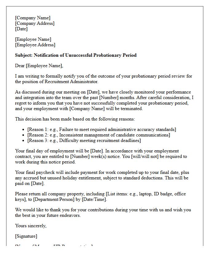 Recruitment Administrator Probationary Period Unsuccessful Rejection Letter