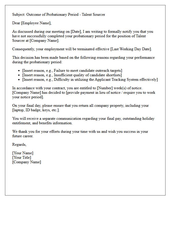 Talent Sourcer Probationary Period Unsuccessful Rejection Letter
