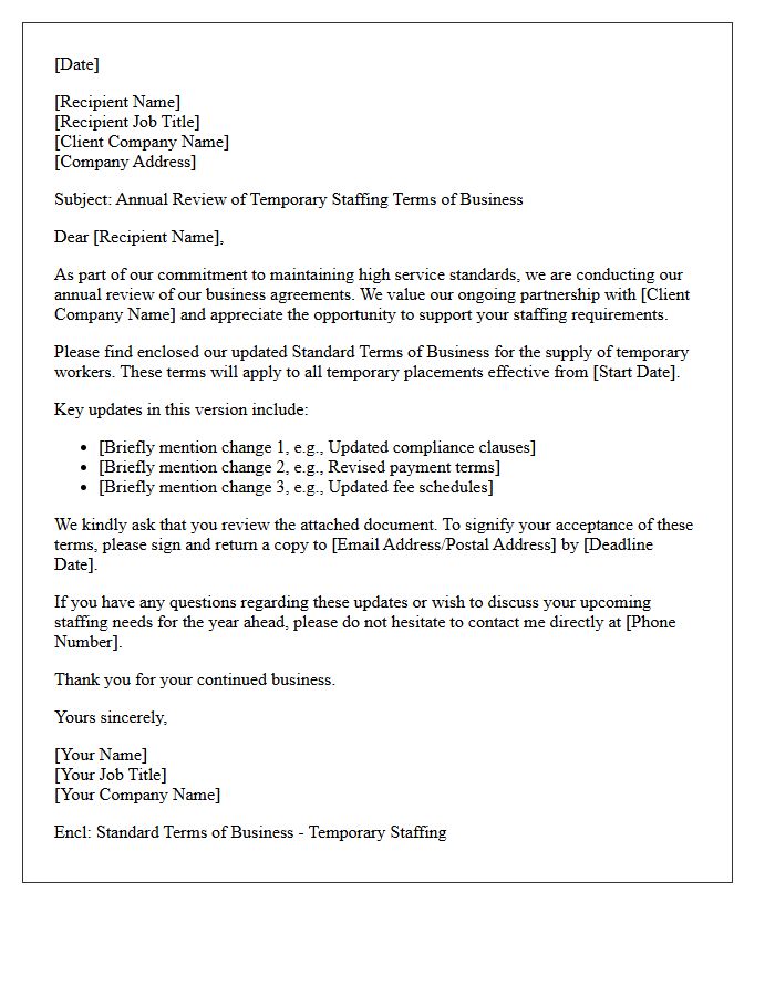 Annual Agreement Review Letter Enclosing Standard Temporary Staffing Terms of Business