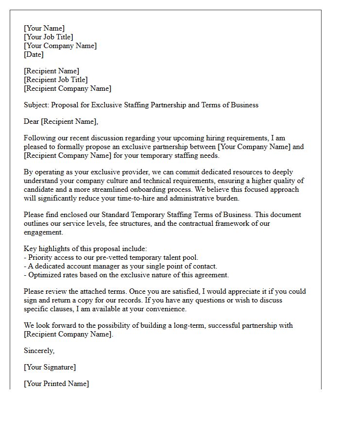 Exclusive Partnership Cover Letter Enclosing Standard Temporary Staffing Terms of Business