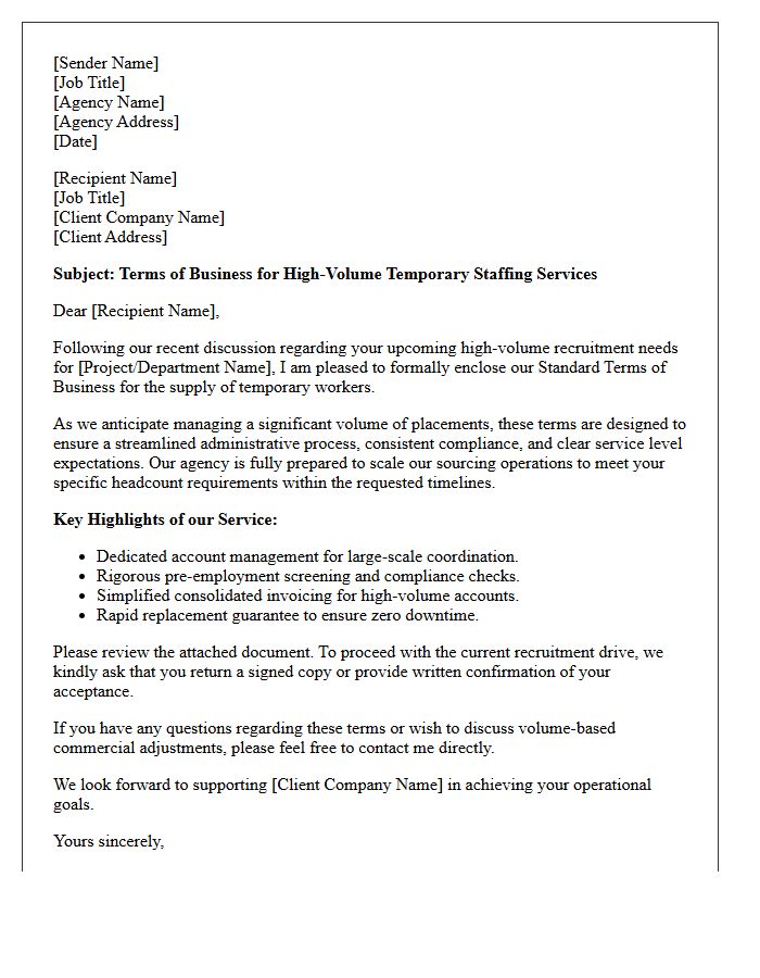 High-Volume Placement Cover Letter Enclosing Standard Temporary Staffing Terms of Business