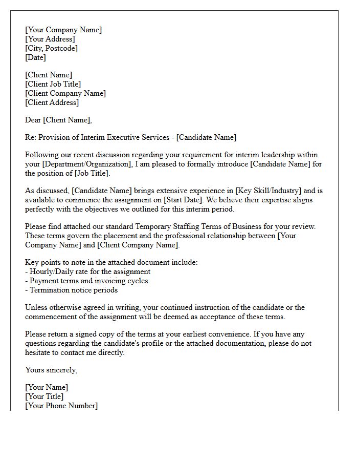 Interim Executive Cover Letter Enclosing Standard Temporary Staffing Terms of Business