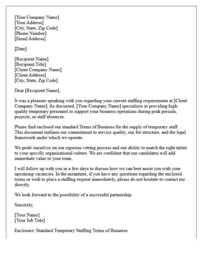 Introductory Cover Letter Enclosing Standard Temporary Staffing Terms of Business