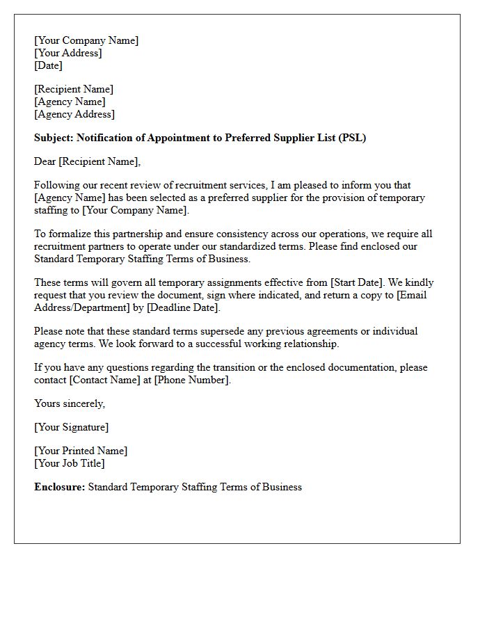 Preferred Supplier Transition Letter Enclosing Standard Temporary Staffing Terms of Business