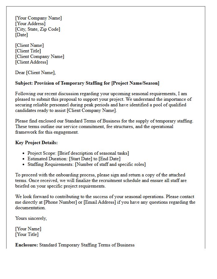 Seasonal Project Cover Letter Enclosing Standard Temporary Staffing Terms of Business