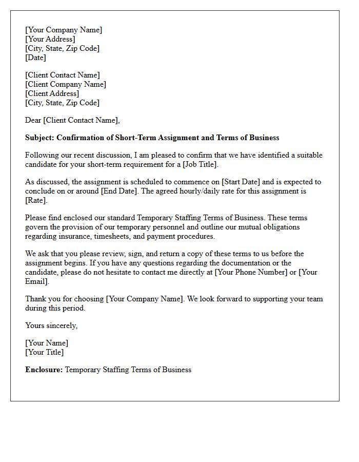 Short-Term Assignment Cover Letter Enclosing Standard Temporary Staffing Terms of Business