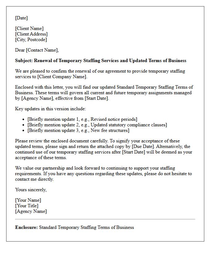 Updated Contract Renewal Letter Enclosing Standard Temporary Staffing Terms of Business