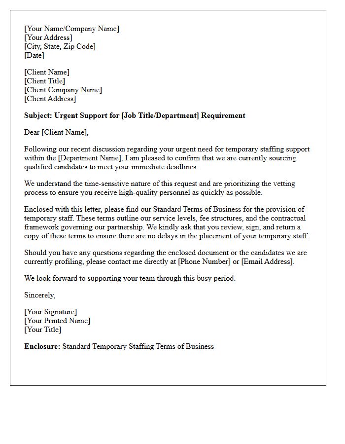Urgent Requirement Cover Letter Enclosing Standard Temporary Staffing Terms of Business