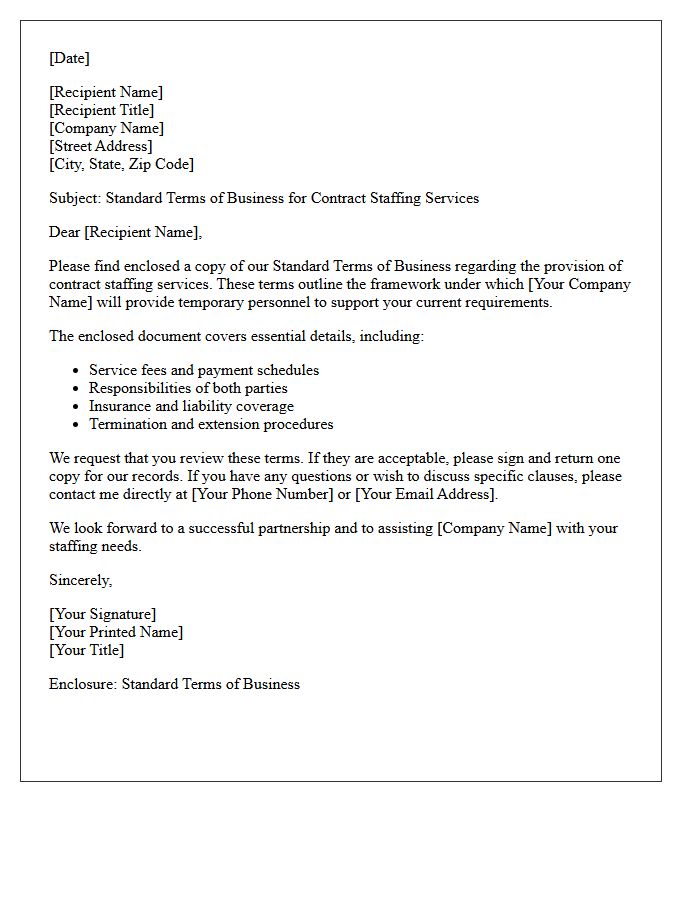 Enclosure Letter for Standard Contract Staffing Terms