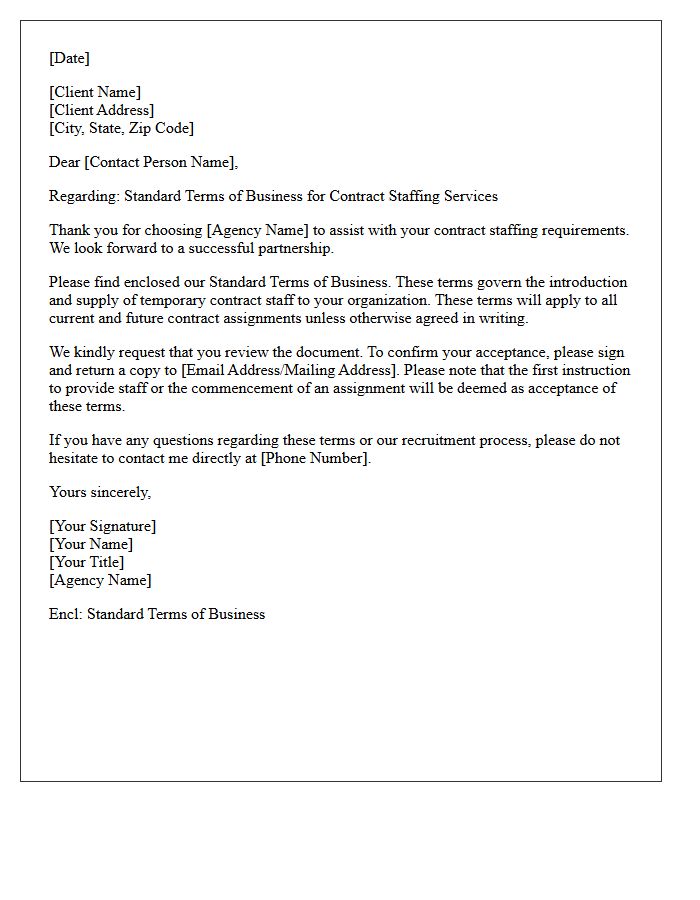 Letter Enclosing Standard Terms for Contract Staffing
