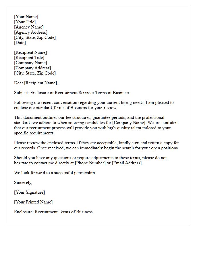 Letter of Enclosure for Recruitment Agency Staffing Terms