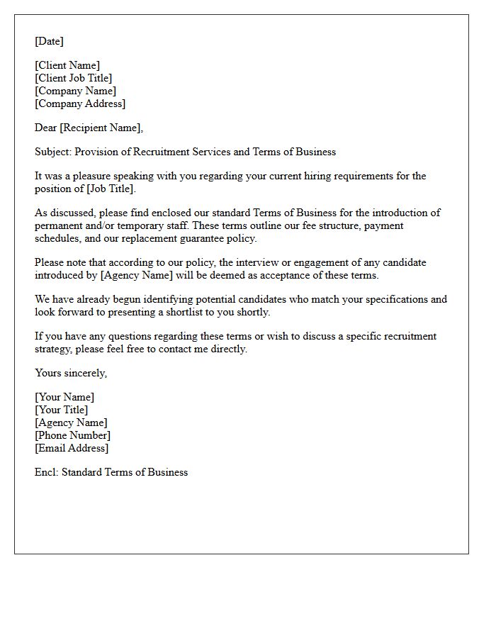 Recruitment Agency Letter Enclosing Standard Staffing Terms