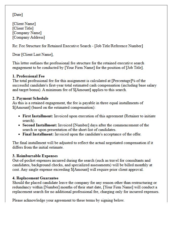 Letter Detailing Retained Executive Search Fee Structure
