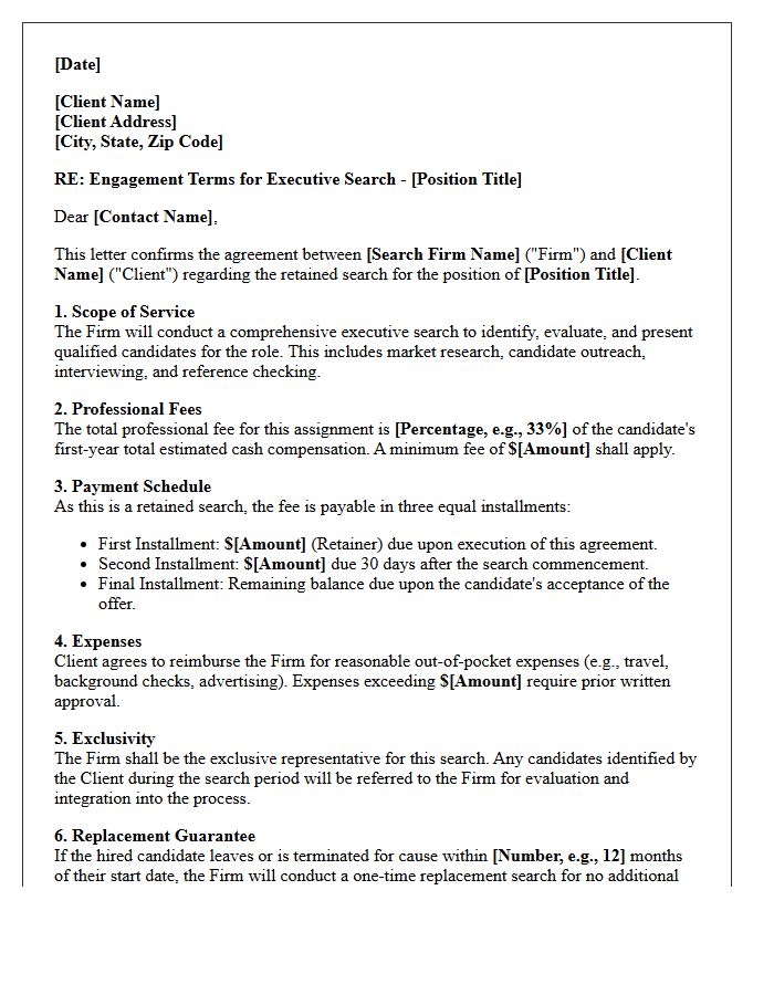 Letter of Retained Executive Search Engagement Terms