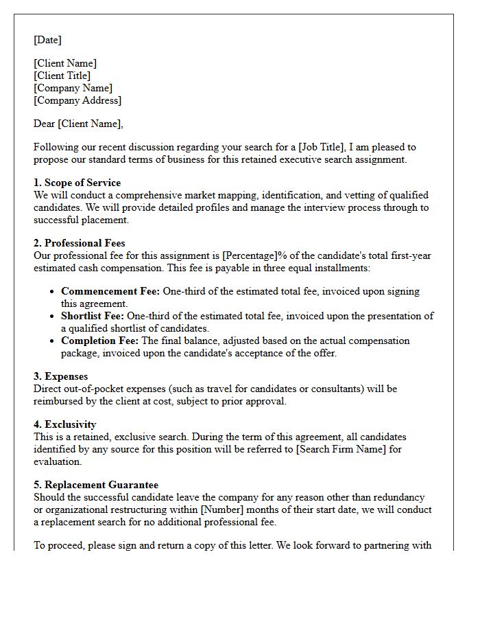 Letter Proposing Standard Retained Executive Search Terms of Business