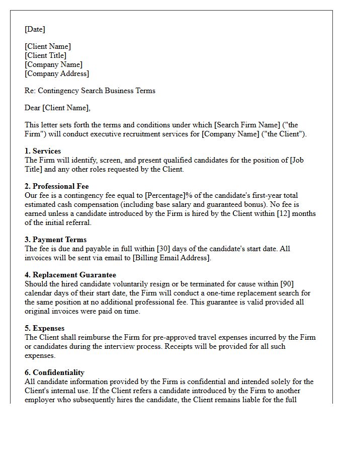 Executive Contingency Search Business Terms Letter